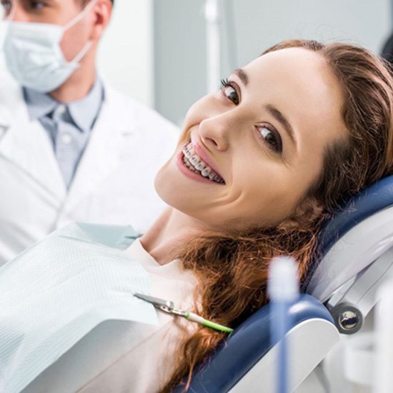 a woman visiting her orthodontist in Worcester