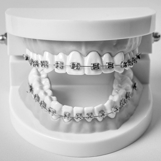 Traditional braces on model of teeth with blue background